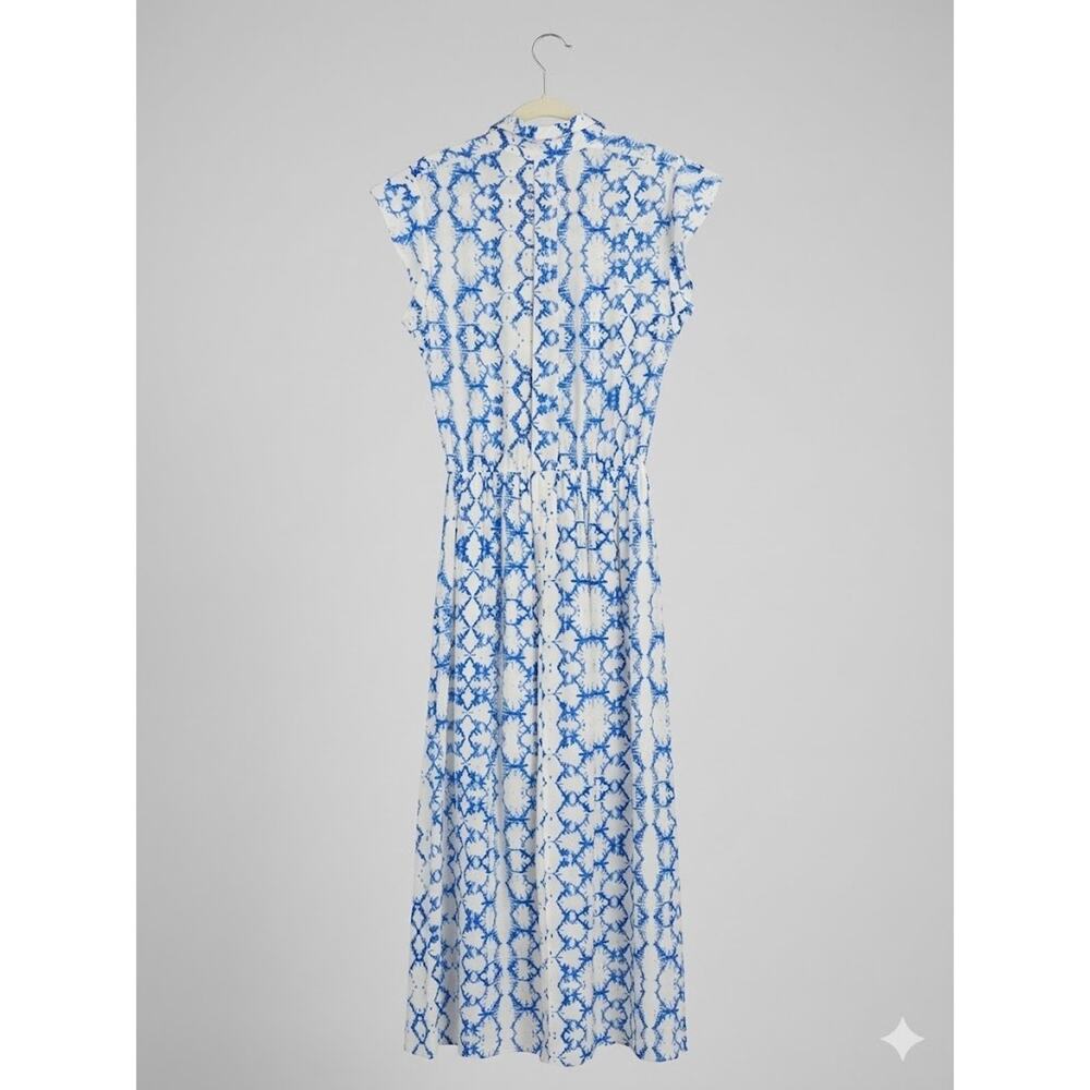 Rebecca Taylor Ikat Silk Blue White Abstract Flutter Sleeve Maxi Dress Size 6 - Picture 7 of 12